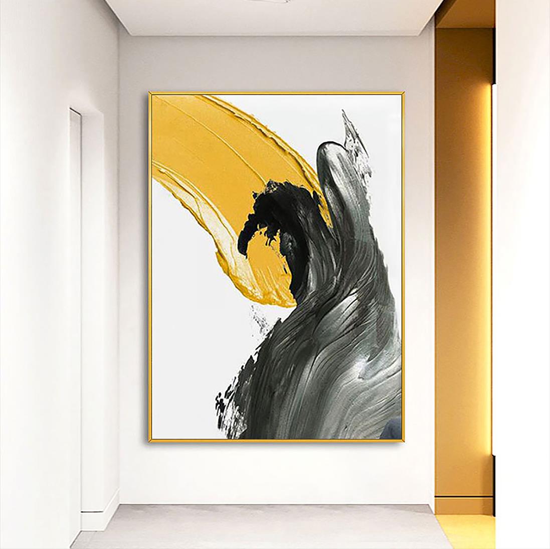 Brush stroke black yellow abstract by Palette Knife wall art minimalism Oil Paintings
